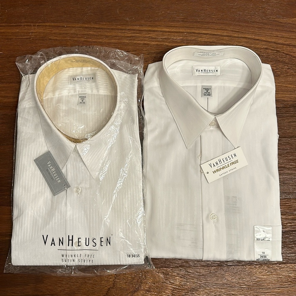 Van Heusen White Dress Shirt Wrinkle Free Satin Stripe 18 Neck 34/35 Sleeve NWT
